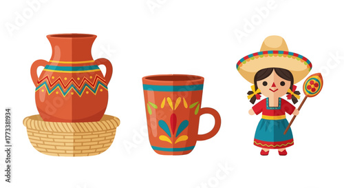 Traditional mexican pottery and girl in sombrero holding lollipop
