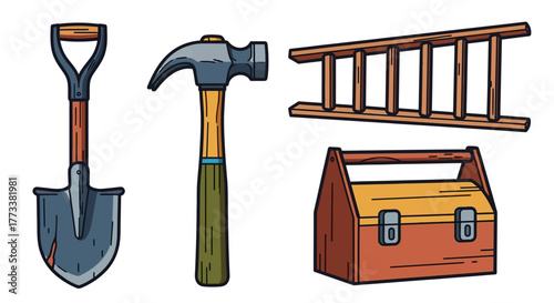 Collection essential tools for home improvement and diy projects, including shovel, hammer, wooden ladder, and toolbox, all depicted in simple style