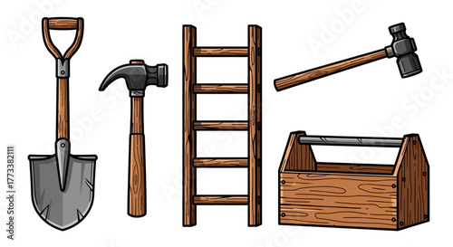 Collection handdrawn illustrations various tools, including shovel, hammers, wooden ladder, and toolbox, isolated on, representing construction and diy