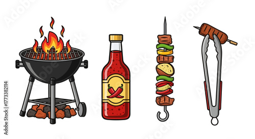 Barbecue grill with flames, bottle hot sauce, shish kebab, and tongs