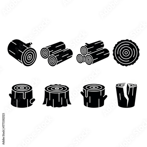 Wood Log Icon Set – Tree Trunk and Timber Symbol Collection