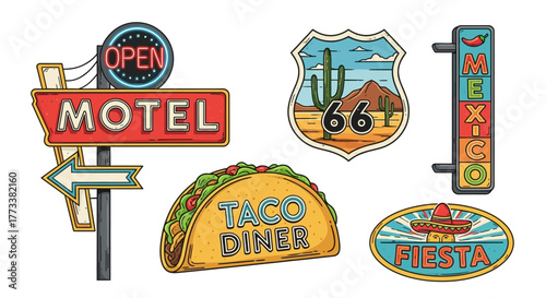 Montage retro american roadside signs including motel sign, route 66 sign, mexican restaurant sign, and fiesta sign