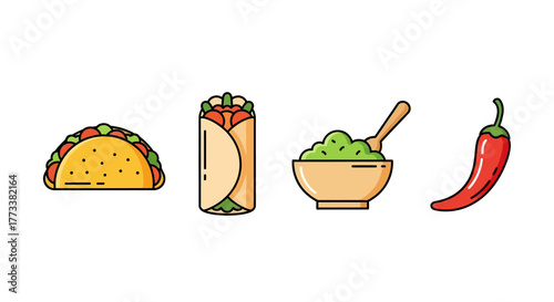 Collection mexican food icons including taco, burrito, guacamole, and chili pepper