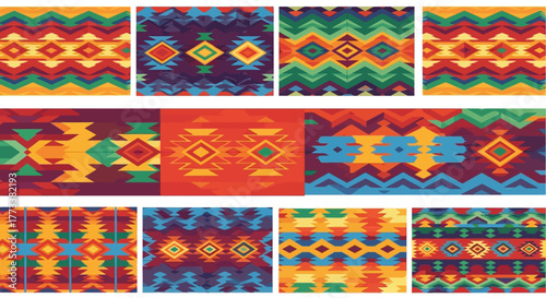 Colorful tribal seamless patterns in aztec style, featuring geometric shapes and vibrant colors, perfect for textiles and backgrounds