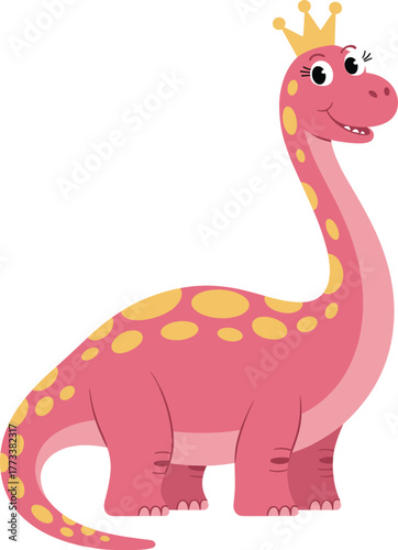 pink dinosaur with crown, cartoon sauropod character for kids, whimsical vector illustration, playful prehistoric animal, smiling dino princess.