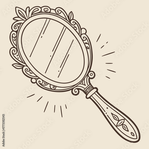 Ornate hand mirror drawing with vintage design and reflection lines
