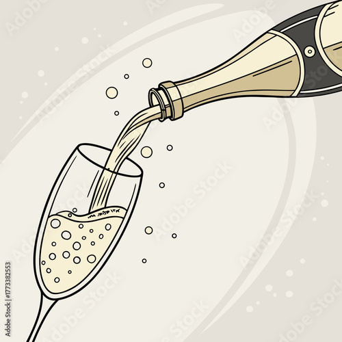 Champagne bottle pours liquid into glass with fizz and bubbles.