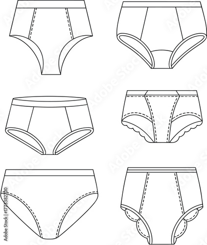 Women's underwear technical sketches, fashion flat vector, brief design variations, garment construction details, lingerie template set, black line illustration