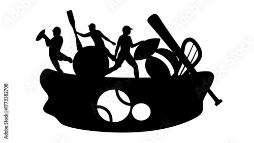 Dynamic sports equipment and athletes in action, baseball, tennis, football, canoeing, perfect for sports-themed designs and promotional materials