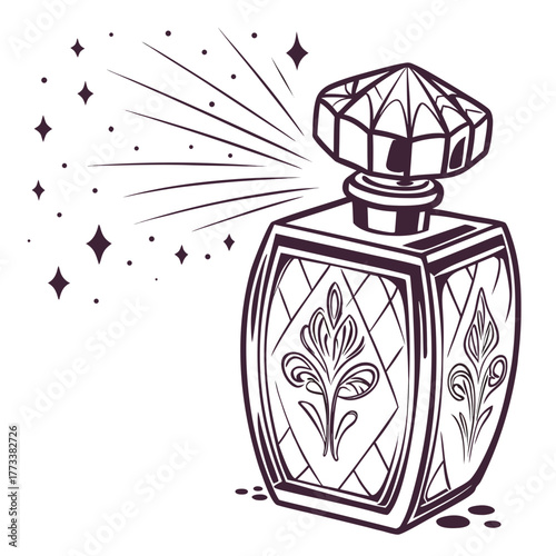 Elegant perfume bottle illustration with sparkling effect and floral design
