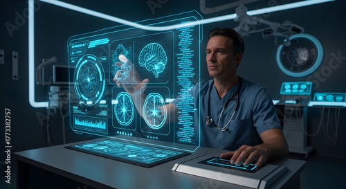 Futuristic Medicine: Doctor Interacting with Holographic Display for Advanced Diagnostics and Treatment Planning