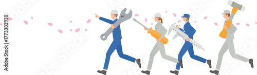 Workers running under cherry blossoms carrying large tools, teamwork and new start concept