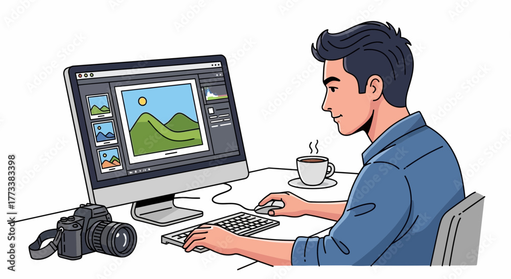Illustrative designer working on computer, editing landscape photo with coffee nearby. Concept for graphic design tutorial, creative professional workflow and digital art creation