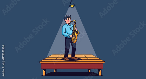 Cartoon illustration of a man playing saxophone on stage with spotlight, concept for musical performance, jazz event and creative expression
