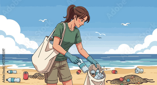 Young woman collecting trash from beach into a bag wearing glove, concept for environmental awareness, volunteer cleanup program and ecological project
