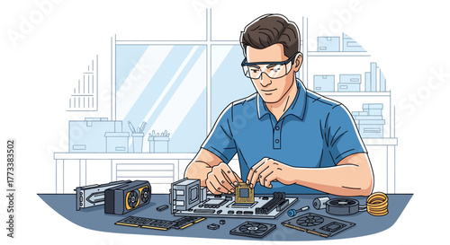 Man carefully installs CPU on motherboard wearing safety glasses in workshop, concept for computer assembly, electronic repair and tech blog illustration
