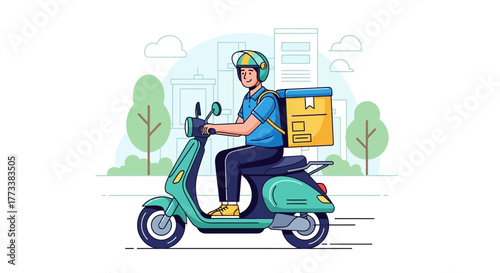 Delivery man riding a scooter with a package in a city background with buildings and trees, concept for food shipping, online ordering and quick urban delivery service