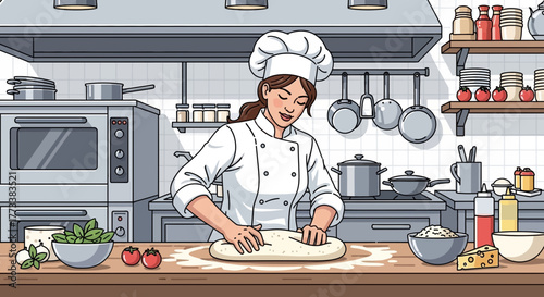 Female chef kneading dough in a commercial kitchen with various ingredients scattered on the counter, concept for culinary arts, restaurant menu design and baking workshop promotion