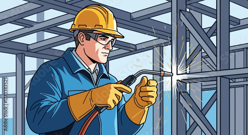Illustration of a welder working on steel beams with welding equipment, sparks visible. Concept for construction, industrial safety and building development