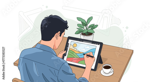 Man drawing landscape on digital tablet with stylus on wooden desk at home, concept for creative work, online course content and art education materials