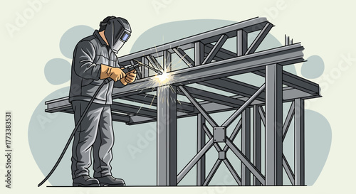 Illustration of a welder in protective gear welding a metal structure with bright sparks, concept for construction site safety, industrial design and engineering project