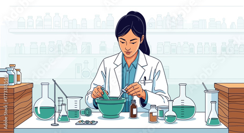 Young female pharmacist preparing medicine in a laboratory with mortar and pestle, concept for pharmaceutical research, healthcare solutions and medical illustrations