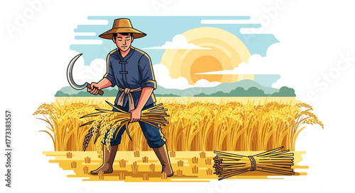 Illustration of a farmer harvesting rice crops using a sickle in a field with golden sunlight, concept for agriculture awareness, food security initiatives and rural community development