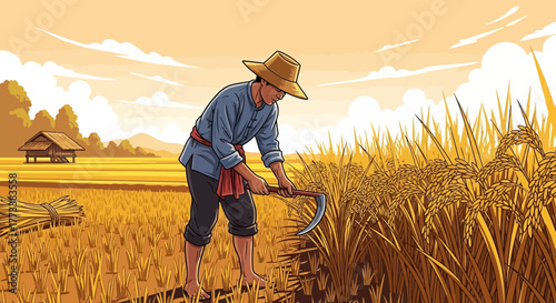 Illustration of a man harvesting rice in a paddy field with a sickle, concept for agricultural practices, rural lifestyle and food production