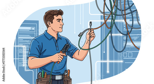 Illustration of a technician working with network cables and crimper tool in a server room, concept for network maintenance, data center solutions and telecommunications