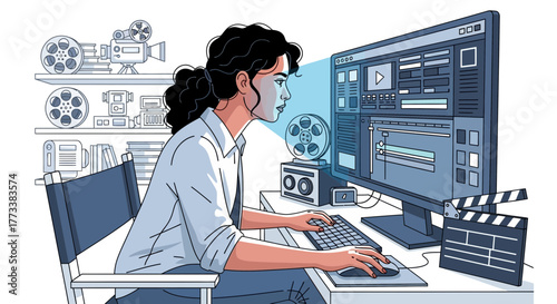 Woman works on a computer with video editing software near film equipment and clapperboard. Concept for movie post-production, multimedia content creation and broadcasting studio work