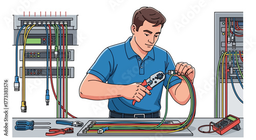 Cartoon illustration of a technician using a crimper on color-coded wires at a network panel, concept for data cabling installation, server maintenance and network infrastructure solutions