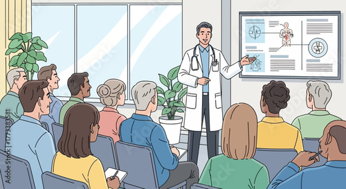 Male doctor giving presentation about human anatomy to audience in room, concept for medical education, healthcare conference and professional training