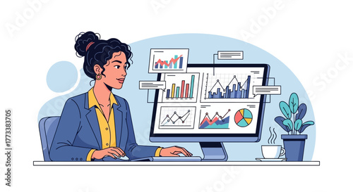 Stylish businesswoman working at a computer with data charts and graphs on the screen. Concept for financial analysis, business intelligence and marketing strategy