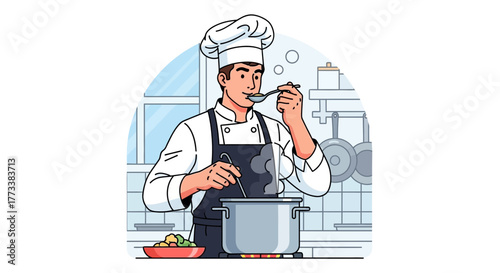Chef tasting soup from a pot in a kitchen setting, concept for culinary arts, restaurant marketing and recipe illustration