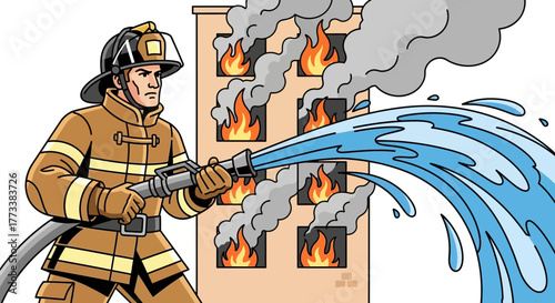 Firefighter in full gear extinguishing flames on a burning building with water hose, concept for safety campaign, emergency services and disaster management