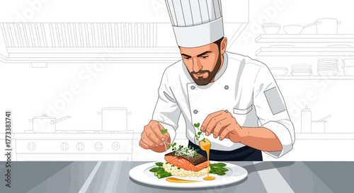 Man chef decorates salmon fillet with microgreens and asparagus on the plate in kitchen, concept for restaurant menu design, culinary arts and gastronomy presentation.