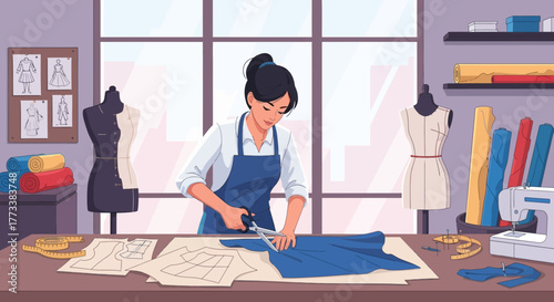 Young woman in apron cutting blue fabric on a table in a sewing studio. Concept for fashion design, garment production and clothing alterations