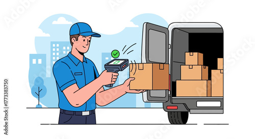 Delivery man scanning a package near a van filled with boxes in a city backdrop. Concept for e-commerce logistics, supply chain management and fast distribution networks