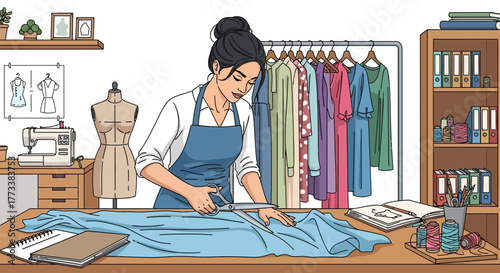 Woman cutting blue fabric with scissors on a wooden table, sewing machine and mannequin are visible. Concept for fashion design, tailoring atelier and creative workshop
