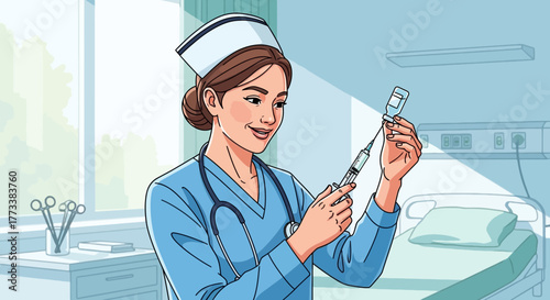 A young nurse in blue uniform preparing injection in the hospital room with a smile, concept for medical care illustration, healthcare solutions and vaccination campaign design