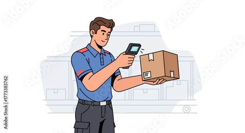 Delivery man scans a package with a scanner against a warehouse backdrop, concept for order tracking, inventory management and express shipping