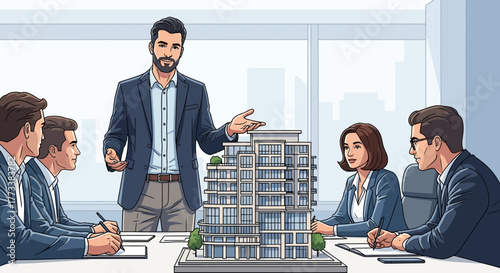 Team presenting an architectural model of a new building project at the office, concept for real estate presentation, urban planning and investment opportunity