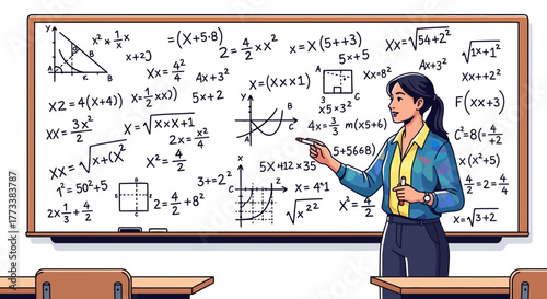 Illustration of a woman pointing at a whiteboard filled with complex mathematical equations and graphs, concept for education resources, academic material and school presentation