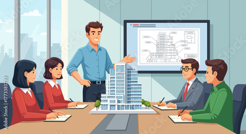 Meeting of architects and designers presenting building model at office. Concept for urban planning, construction project and real estate development