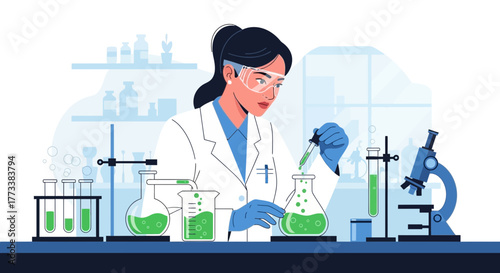 Scientist in lab coat using dropper to add liquid to flask with laboratory equipment. Concept for scientific research, pharmaceutical development and medical technology