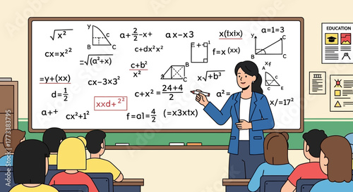 Female teacher explaining math formula on whiteboard in a classroom with students, concept for education, learning and teaching in school or university , mathematical lesson