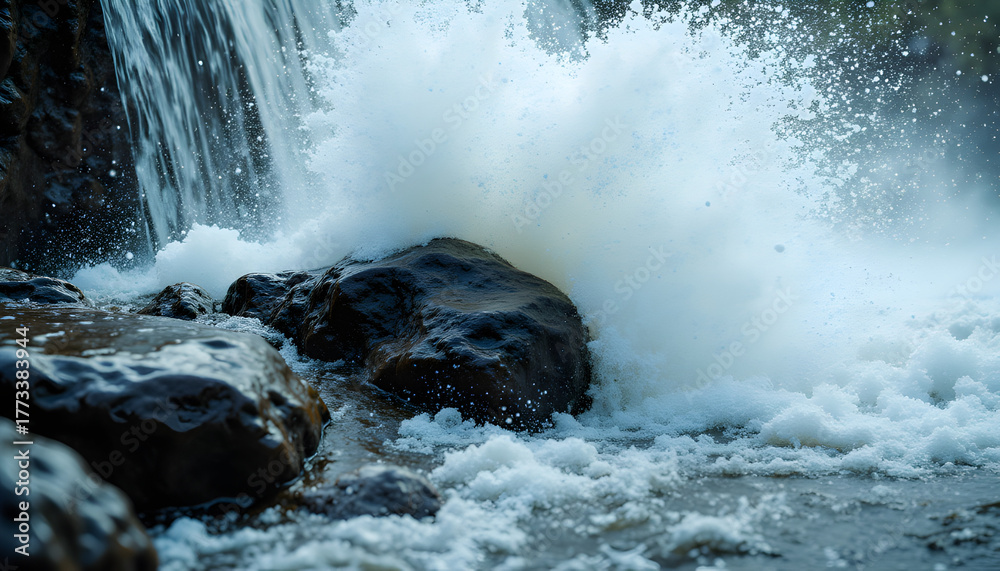 Obraz premium Powerful waterfall cascading over dark rocks creating dynamic white water splash, conveying freshness and natural power for travel and adventure themes