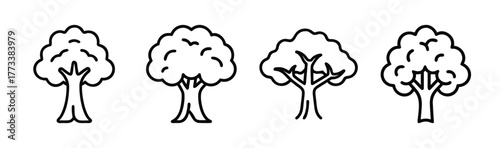 Four hand drawn teak trees in a row line art style simple nature elements