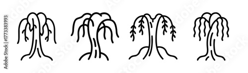 Four stylized weeping willow trees line art simple organic nature forms