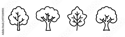 Set of four hand drawn beech tree icons representing nature and growth